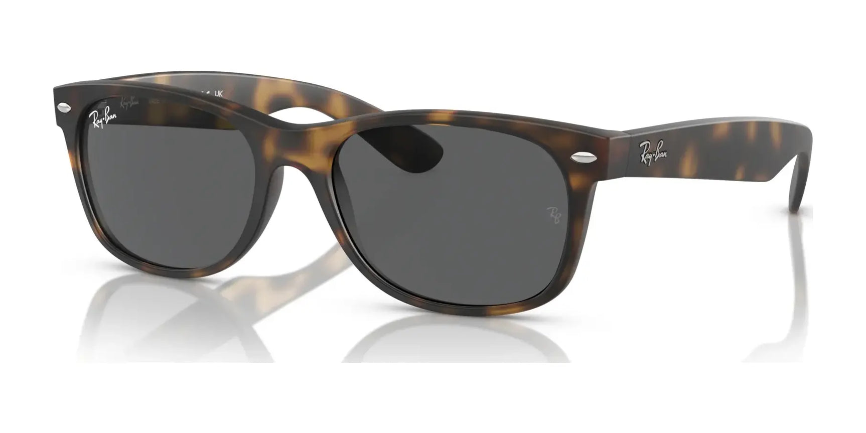 Tortoiseshell Ray-Ban NEW WAYFARER RB2132 sunglasses, size 58, feature dark lenses with a side logo and provide 100% UV protection, displayed on a white background.