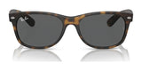 The Ray-Ban NEW WAYFARER RB2132 Sunglasses, Size 58, have iconic tortoiseshell frames with dark lenses offering 100% UV protection and a brand logo on the top left lens.