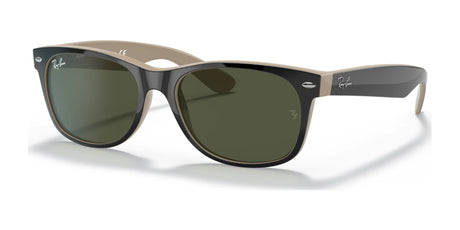 The Ray-Ban NEW WAYFARER RB2132 sunglasses, size 52, come in black and beige with green lenses and subtle branding on the frame for stylish sun protection.