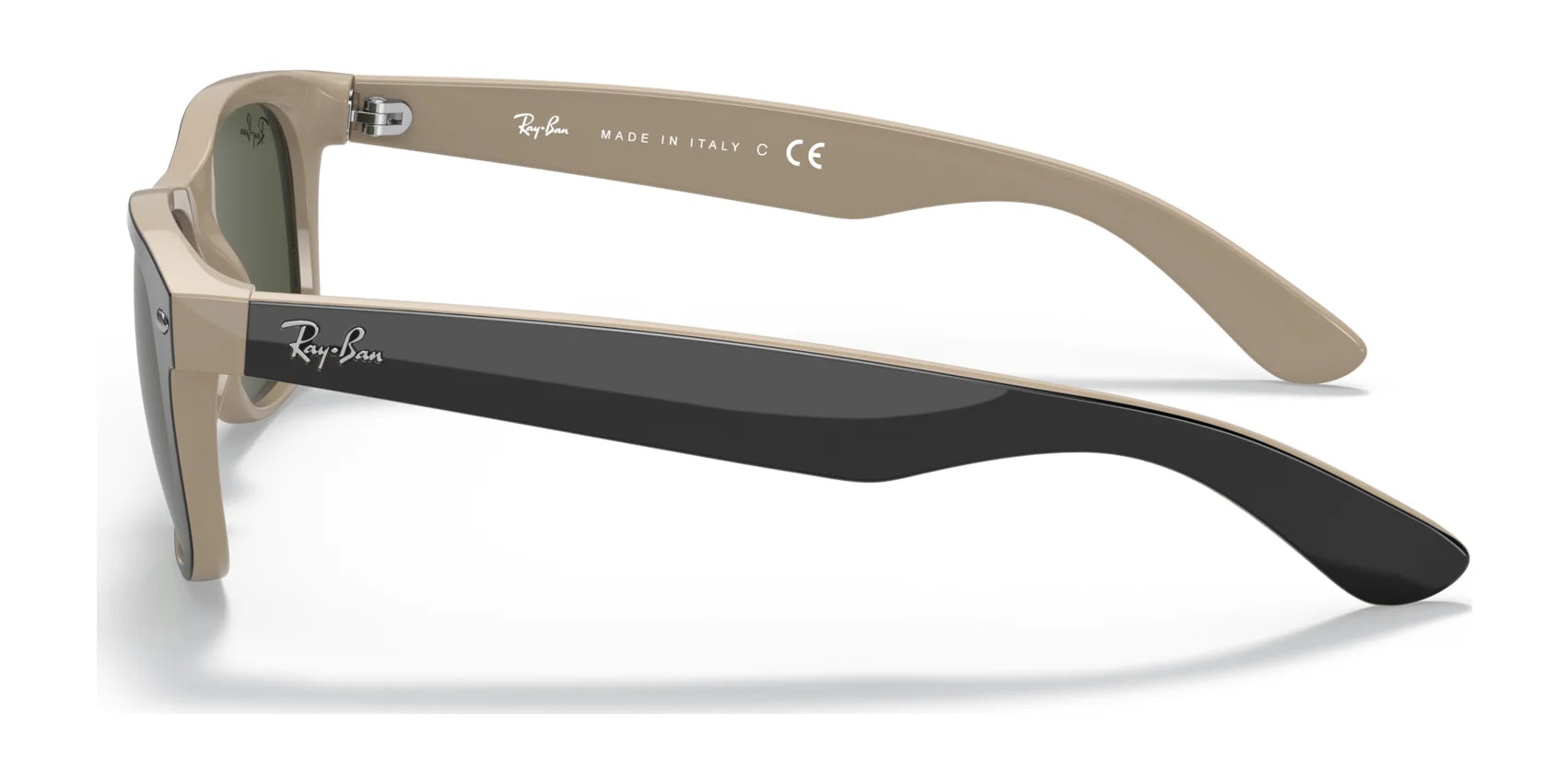 Side view of beige and black Ray-Ban NEW WAYFARER RB2132 sunglasses (Size 52) with the iconic logo on the temple.