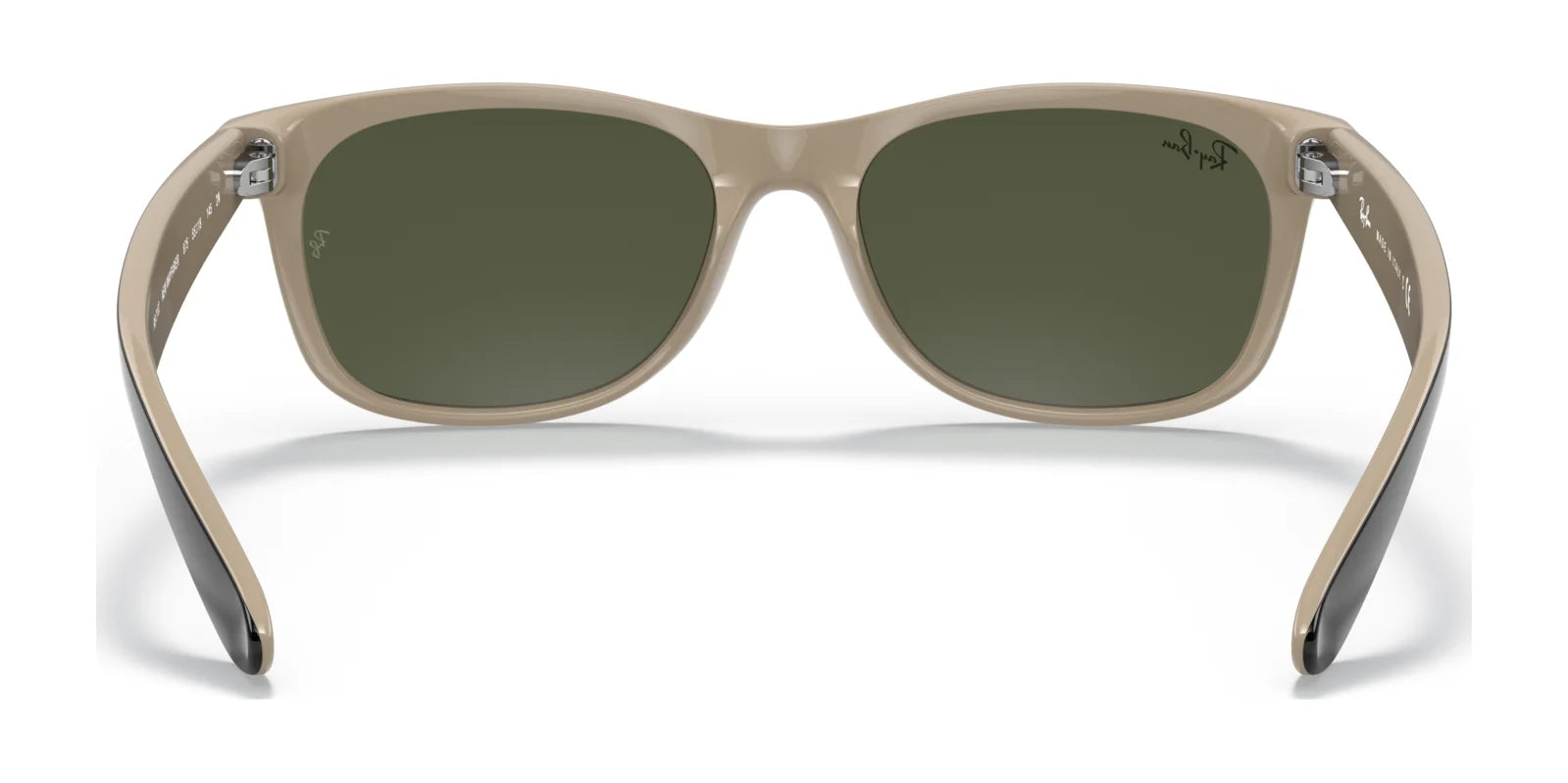 Beige Ray-Ban NEW WAYFARER RB2132 sunglasses, size 52, featuring dark lenses and black-tip temples, shown from the rear view.