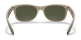 Tan and black Ray-Ban NEW WAYFARER RB2132 sunglasses, size 55, feature green polarized lenses for exceptional UV protection when viewed from behind.