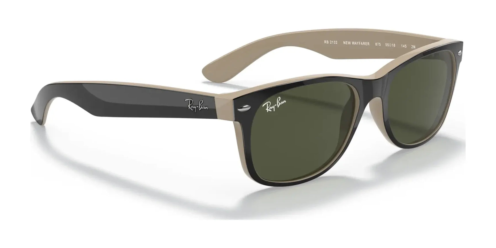 The Ray-Ban NEW WAYFARER RB2132 sunglasses in size 52 boast a sleek design with black and beige frames, dark lenses, and the iconic logo on the sides.