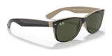 Black and beige Ray-Ban NEW WAYFARER RB2132 sunglasses in size 55, offering polarized lenses for superior UV protection and featuring classic Ray-Ban branding on the arms.