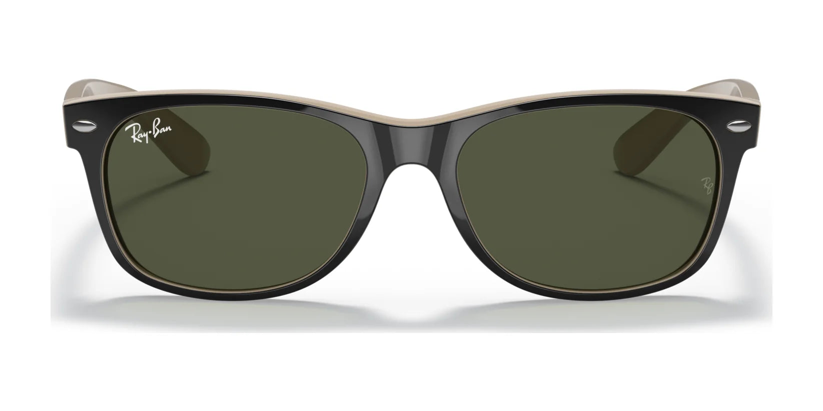 The Ray-Ban NEW WAYFARER RB2132 Sunglasses in size 52 feature dark lenses and silver accents, providing stylish sun protection.