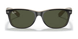 The Ray-Ban NEW WAYFARER RB2132 Sunglasses, Size 55, feature a sleek black frame, dark green polarized lenses with UV protection, and a stylish white stripe across the top.