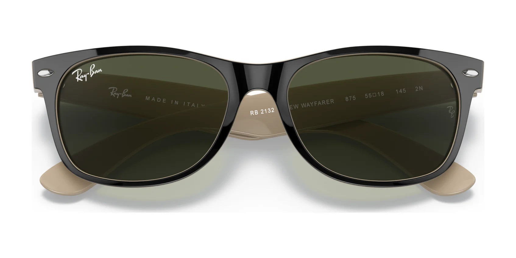 The Ray-Ban NEW WAYFARER RB2132 sunglasses, size 52, boast a stylish black frame and green lenses for effective sun protection against a white backdrop.