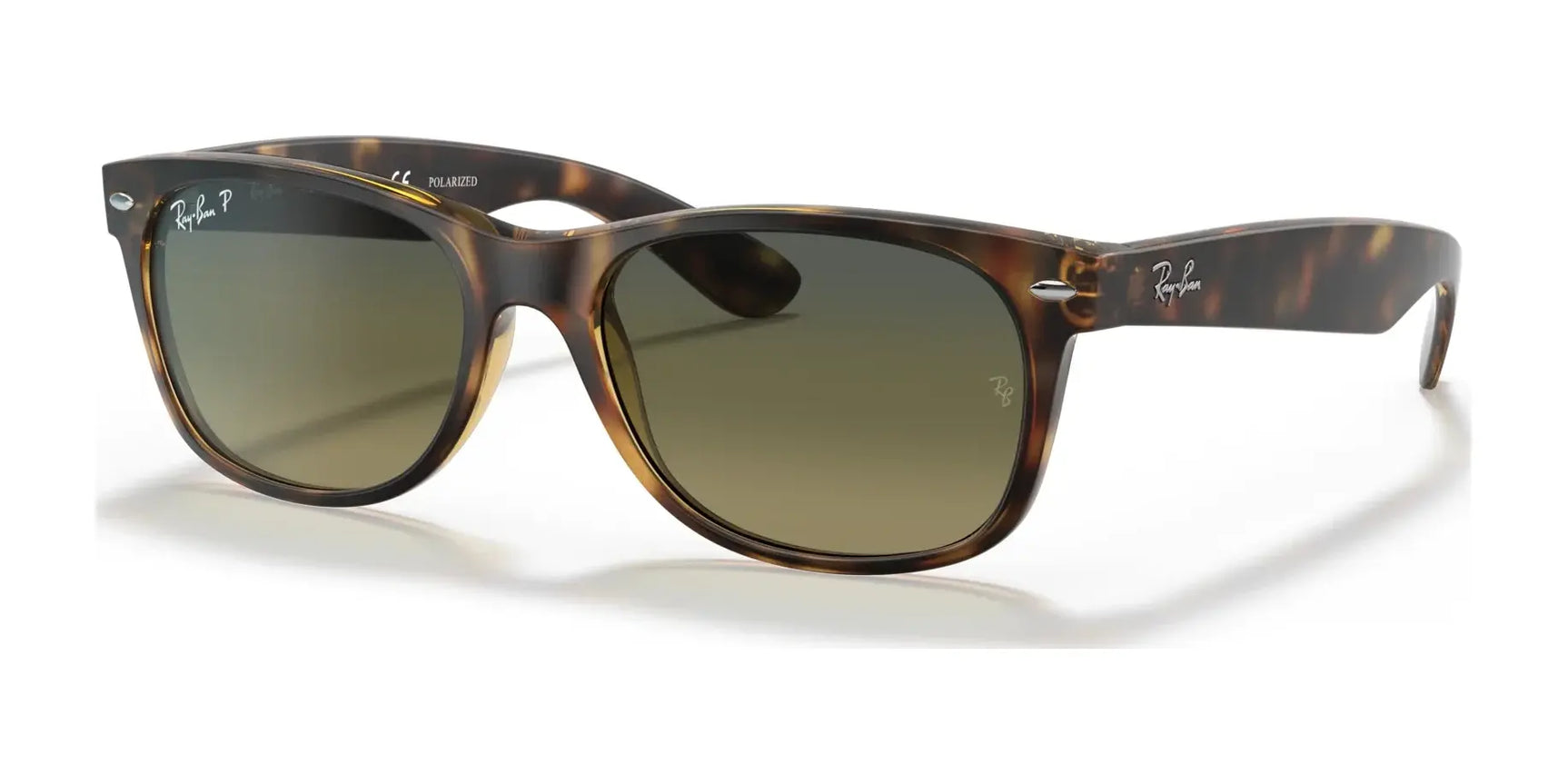 Discover the Ray-Ban NEW WAYFARER RB2132 Sunglasses in tortoiseshell, size 52, featuring dark lenses with the iconic logo on the top corner.