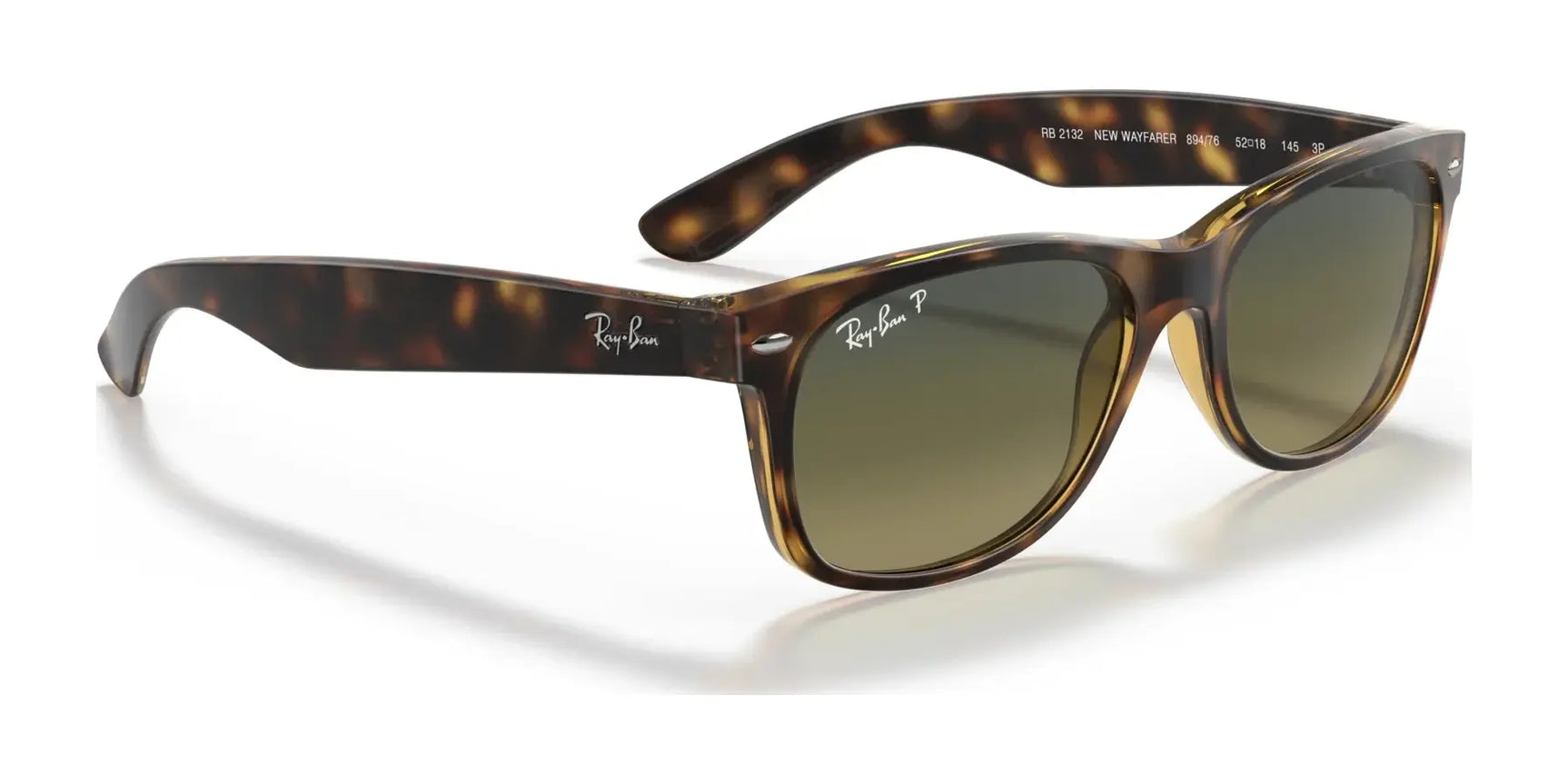 Explore the classic style of Ray-Ban NEW WAYFARER RB2132 sunglasses in size 52, with brown tortoiseshell frames and green lenses for top-notch sun protection, plus a distinctive white logo on the temple and lens.