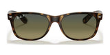 Front view of Ray-Ban NEW WAYFARER RB2132 sunglasses, size 55, in brown tortoiseshell with dark gradient lenses and UV protection.