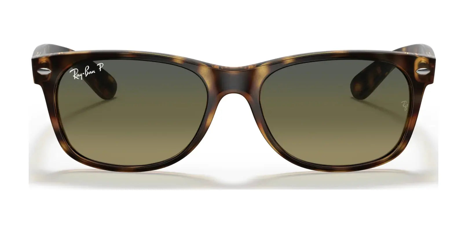 Front view of Ray-Ban NEW WAYFARER RB2132 sunglasses, size 55, in brown tortoiseshell with dark gradient lenses and UV protection.