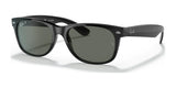 The Ray-Ban NEW WAYFARER RB2132 sunglasses in sleek black with dark lenses offer UV protection. Set against a crisp white background, these Size 58 shades are both elegant and practical.