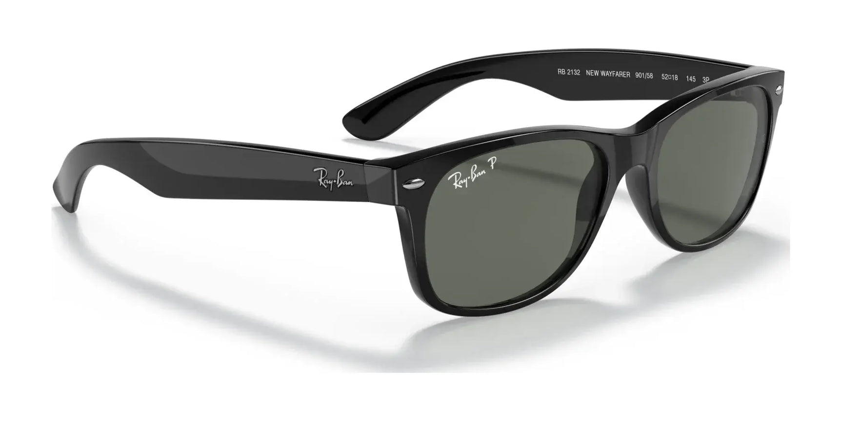 The Ray-Ban NEW WAYFARER RB2132 sunglasses, size 58, feature green lenses and signature temple logos, offering stylish UV protection.