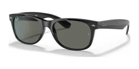 Sleek Ray-Ban NEW WAYFARER RB2132 Sunglasses in black with dark lenses provide 100% UV protection, featuring the iconic logo on arms and lens. Timeless eyewear for any occasion.