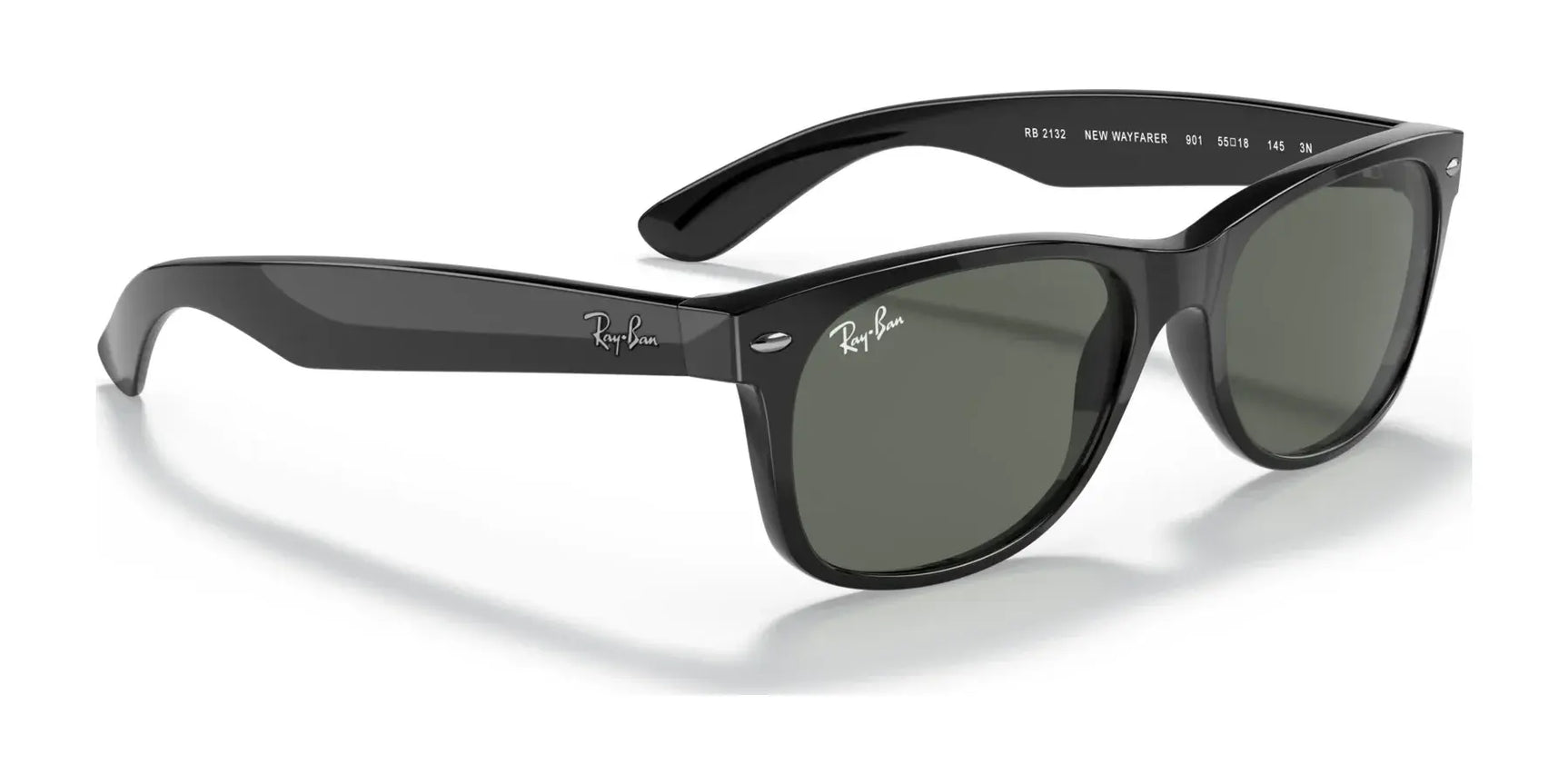 The Ray-Ban NEW WAYFARER RB2132 Sunglasses | Size 52 with dark lenses boldly contrast the pristine white background.