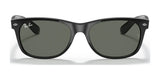 Ray-Ban NEW WAYFARER RB2132 Sunglasses, Size 58, feature sleek black frames with dark lenses and a logo on the top left corner, providing 100% UV protection.