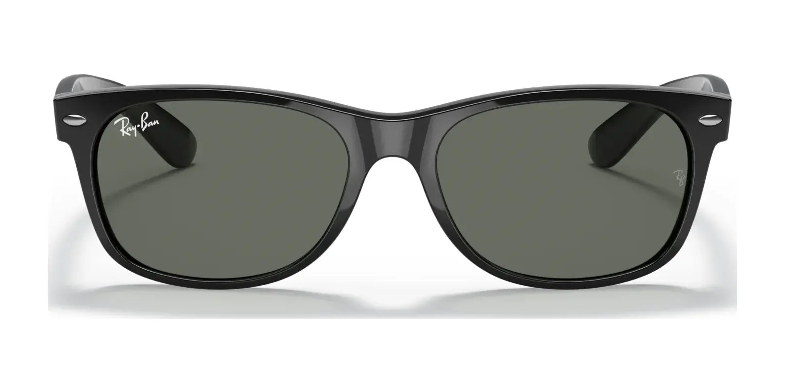 Ray-Ban NEW WAYFARER RB2132 Sunglasses, Size 58, feature sleek black frames with dark lenses and a logo on the top left corner, providing 100% UV protection.