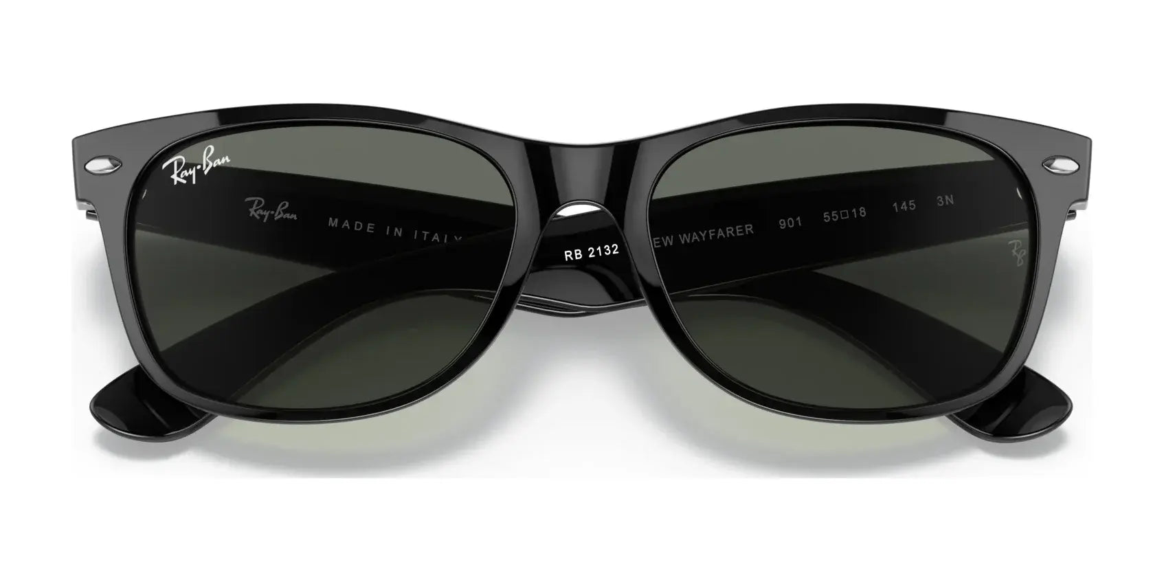 The Ray-Ban NEW WAYFARER RB2132 sunglasses, crafted in Italy with a size of 58 and black frames, feature dark lenses that elegantly reflect light while ensuring 100% UV protection.