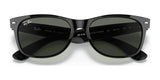 Ray-Ban NEW WAYFARER RB2132 sunglasses in sleek black, with dark lenses, gracefully displayed on a white background, capture the timeless style Ray-Ban is known for.