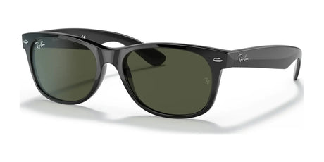 Introducing the Ray-Ban NEW WAYFARER RB2132 Sunglasses in sleek black with dark green polarized lenses for superior UV protection, highlighted on a pristine white background.