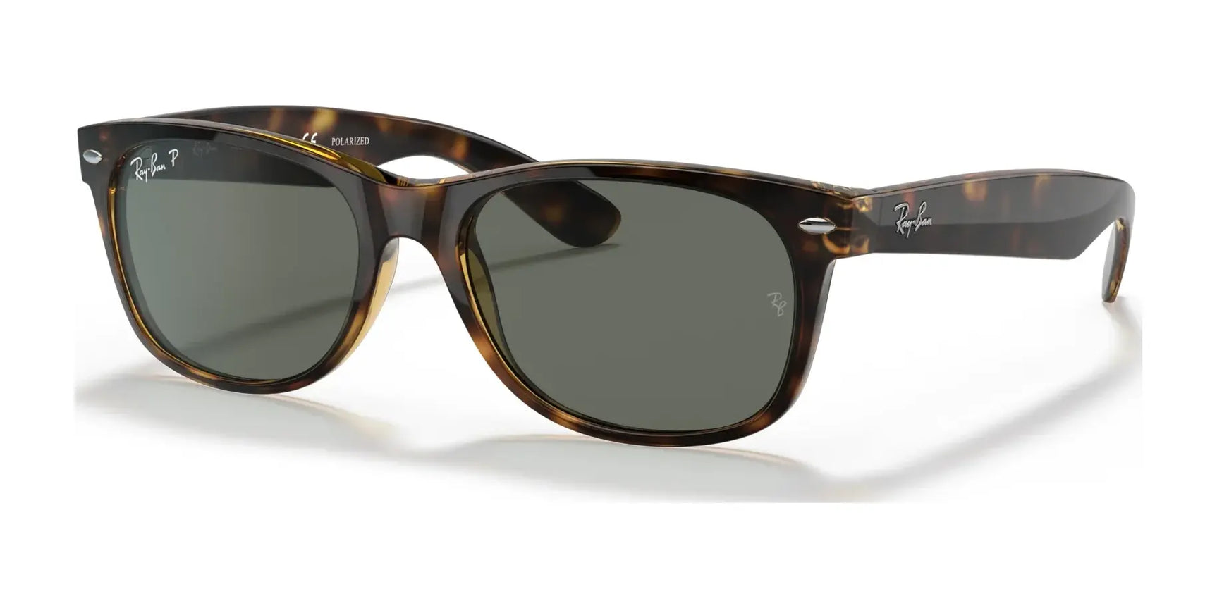 Ray-Ban NEW WAYFARER RB2132 sunglasses, size 52, featuring a tortoiseshell frame and green lenses on a pristine white background.