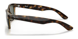 Side view of Ray-Ban NEW WAYFARER RB2132 tortoiseshell sunglasses, size 58, featuring green lenses and "Ray-Ban" branding on the arms. This model offers 100% UV protection, merging classic style with modern eye safety.