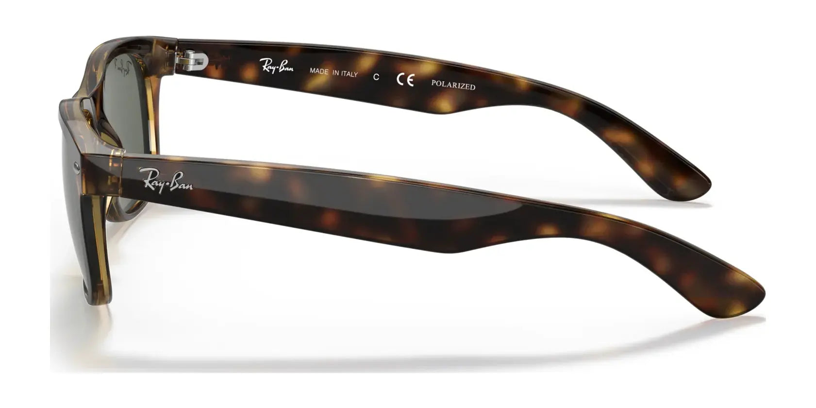 Side view of Ray-Ban NEW WAYFARER RB2132 tortoiseshell sunglasses, size 58, featuring green lenses and "Ray-Ban" branding on the arms. This model offers 100% UV protection, merging classic style with modern eye safety.