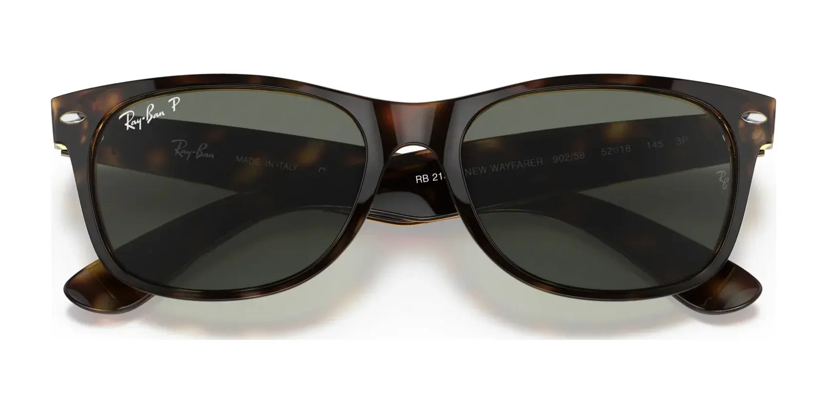 Close-up of Ray-Ban NEW WAYFARER RB2132 tortoiseshell sunglasses, featuring dark lenses and silver details, crafted for optimal sun protection. Size: 52.