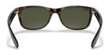 Front view of Ray-Ban NEW WAYFARER RB2132 sunglasses, tortoiseshell frame with dark green lenses that offer 100% UV protection; size 58.