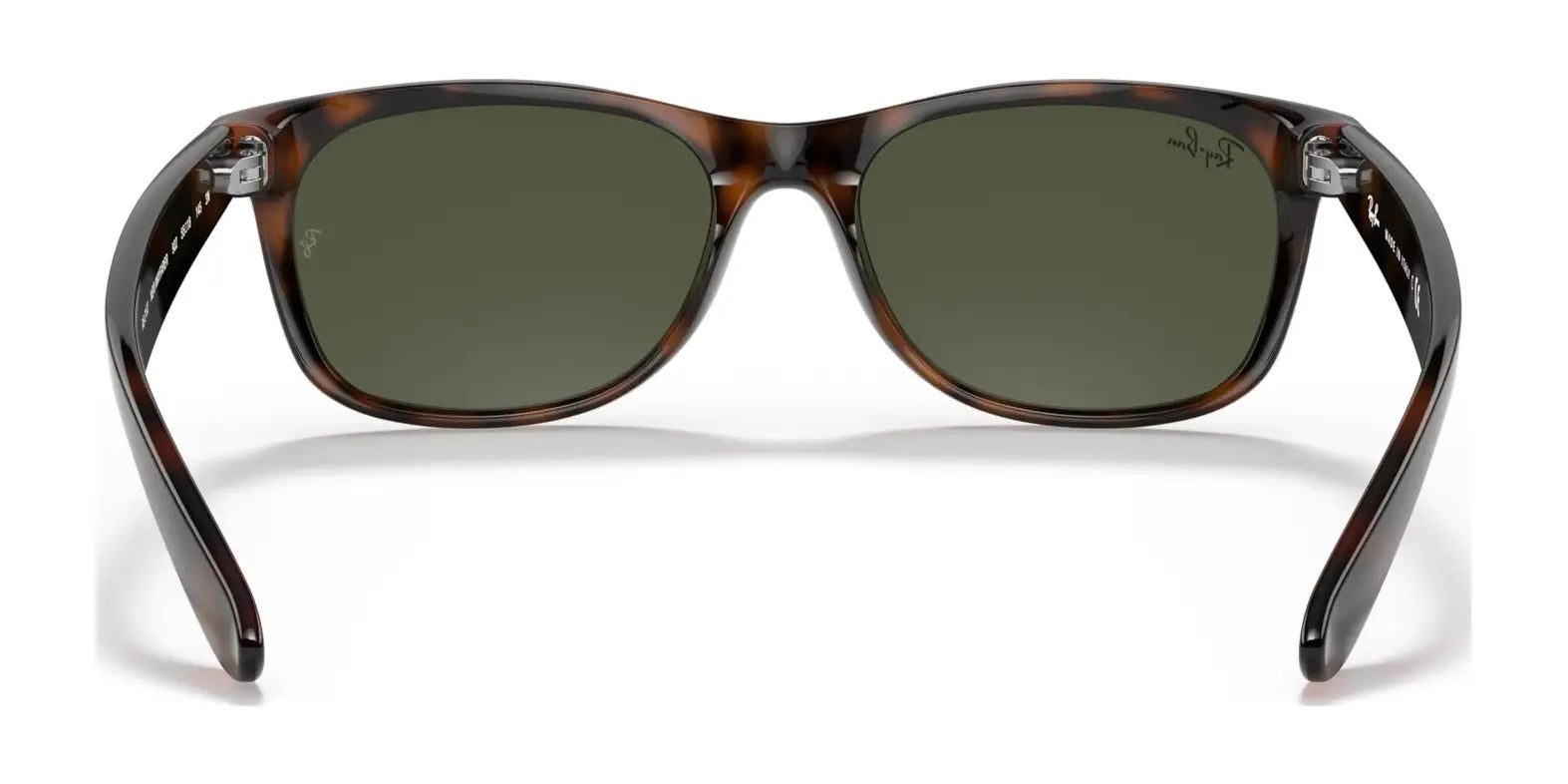 Front view of Ray-Ban NEW WAYFARER RB2132 sunglasses, tortoiseshell frame with dark green lenses that offer 100% UV protection; size 58.