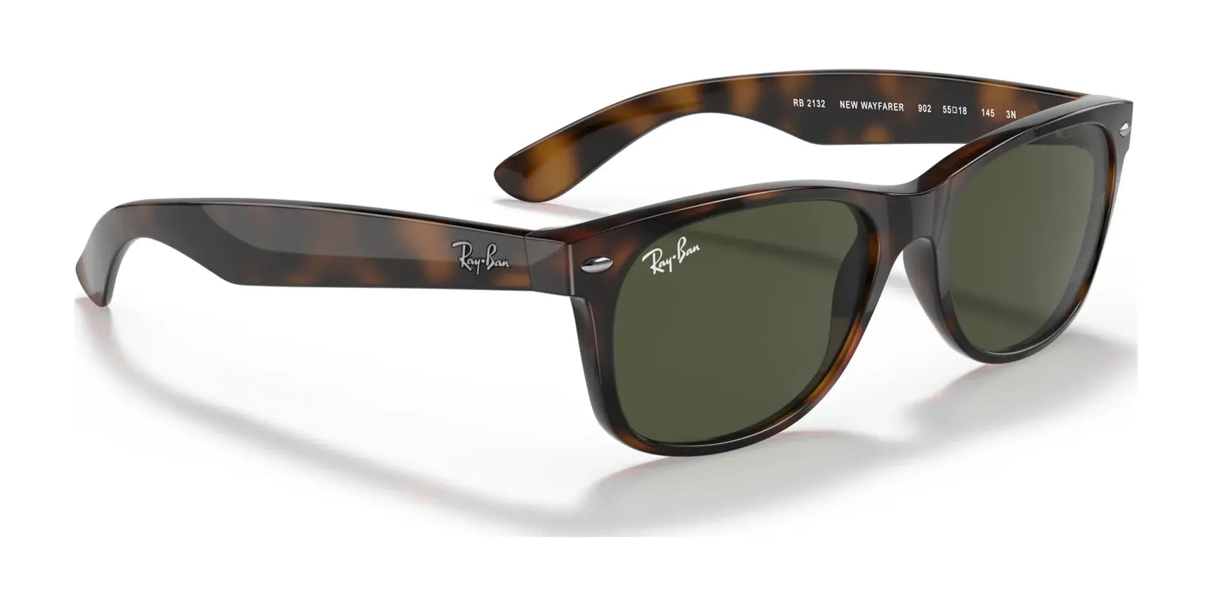 Ray-Ban NEW WAYFARER RB2132 Sunglasses in Size 58 offer timeless style with tortoiseshell frames, dark lenses, and 100% UV protection, featuring the iconic logo on the arms.