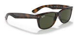 These Ray-Ban NEW WAYFARER RB2132 sunglasses, size 52, feature a tortoiseshell frame with green lenses and the iconic logo on the temples for stylish sun protection.