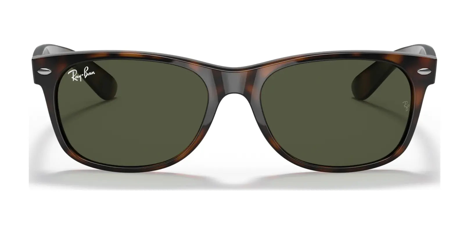 Ray-Ban NEW WAYFARER RB2132 sunglasses in a chic tortoiseshell design offer 100% UV protection with dark lenses, embodying timeless style.