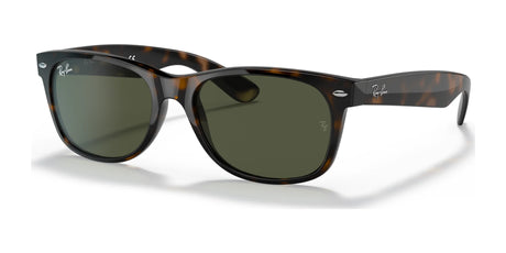 Ray-Ban NEW WAYFARER RB2132 Sunglasses in tortoiseshell, featuring green polarized lenses for excellent UV protection, elegantly sit on a white background.