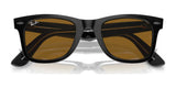 The Ray-Ban WAYFARER RB2140F sunglasses boast black frames with brown lenses and prominently showcase the brand logo in the top left corner, providing 100% UV protection.