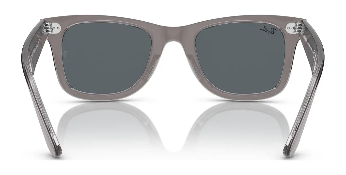 The Ray-Ban WAYFARER RB2140F sunglasses, crafted from acetate with gray frames and dark lenses, viewed from the front on a pristine white background.