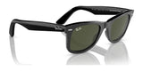 The Ray-Ban WAYFARER RB2140F Sunglasses feature an angled view with black frames and dark lenses, offering stylish design and excellent UV protection.