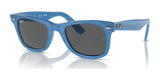 The Ray-Ban WAYFARER RB2140F Sunglasses, in Photo Striped Blue №1409B1, are square-frame sunglasses with dark lenses providing UV protection and silver logo details on the arms.