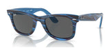 Blue and black striped Ray-Ban WAYFARER RB2140F sunglasses with dark lenses provide 100% UV protection, blending style and safety in fashionable acetate frames.