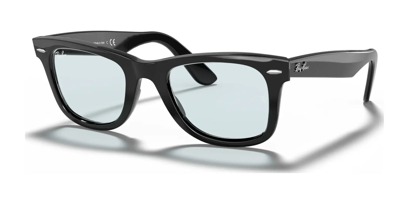 Ray-Ban WAYFARER RB2140F sunglasses in Black №601/R5, showcasing a classic design with acetate frames and tinted lenses that cast a shadow on a white surface.