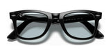 Front view of the Ray-Ban WAYFARER RB2140F sunglasses featuring a black square-frame and dark lenses, providing 100% UV protection, set against a white background.