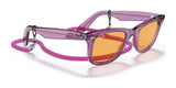 The Ray-Ban WAYFARER RB2140F Sunglasses offer a stylish look with their purple acetate frames, vibrant orange lenses, and a chic pink cord, combining the classic Wayfarer vibe with a playful twist.