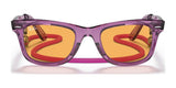 Purple-framed Ray-Ban WAYFARER RB2140F sunglasses featuring orange lenses and red acetate temple tips, viewed from the front.