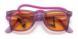 The Ray-Ban WAYFARER RB2140F sunglasses from Ray-Ban feature a stylish design with purple frames, orange lenses, a pink strap, and gold zipper detailing on the lenses, providing 100% UV protection.