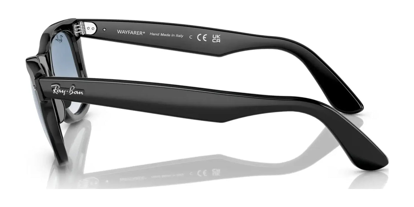 Black Ray-Ban WAYFARER RB2140F sunglasses, featuring an acetate frame with "Hand Made in Italy" etched on the inner arms, showcased from a back angle.