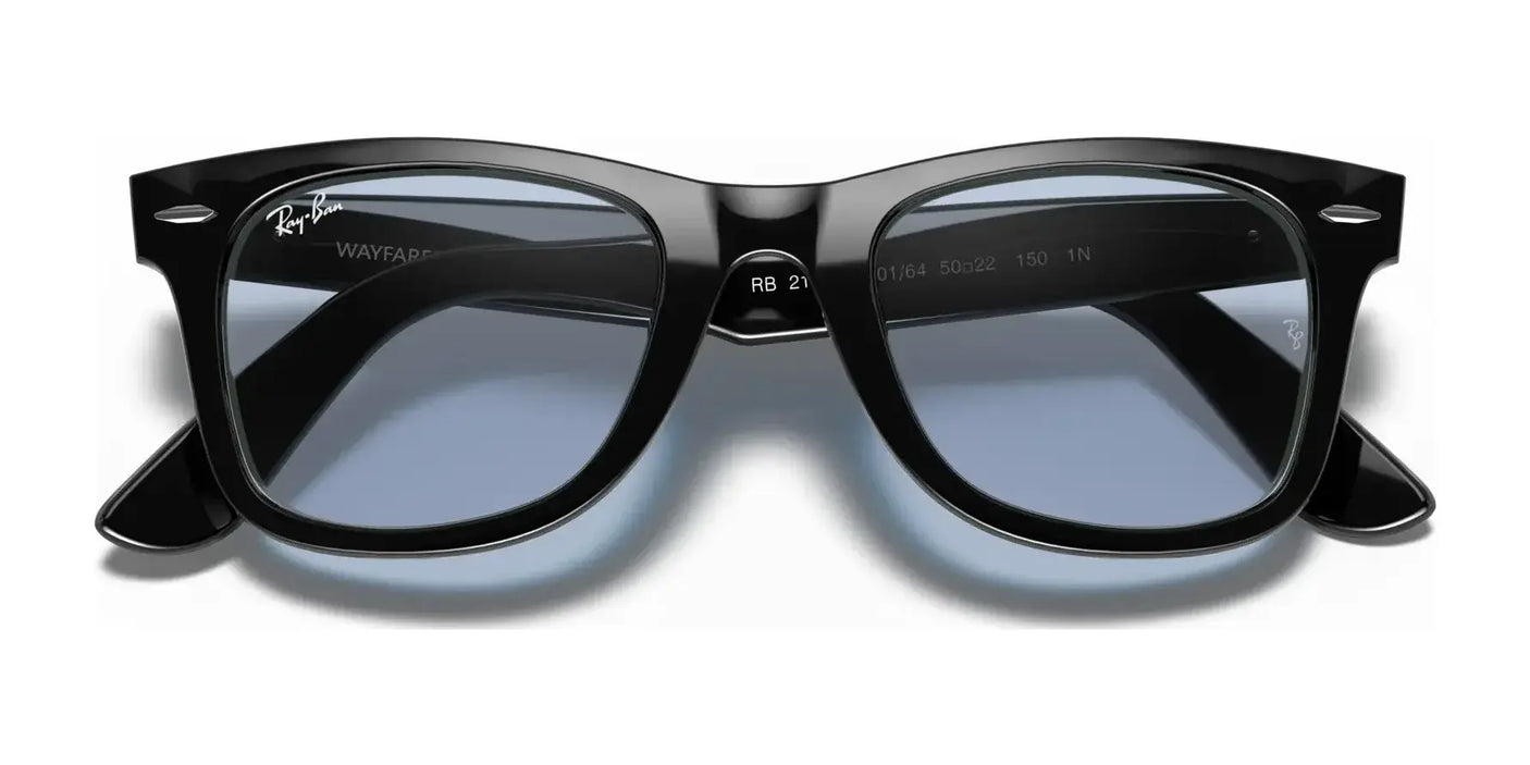 Ray-Ban WAYFARER RB2140F sunglasses featuring sleek acetate frames and blue-tinted lenses, set against a plain white background.