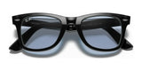 Ray-Ban WAYFARER RB2140F sunglasses featuring sleek acetate frames and blue-tinted lenses, set against a plain white background.