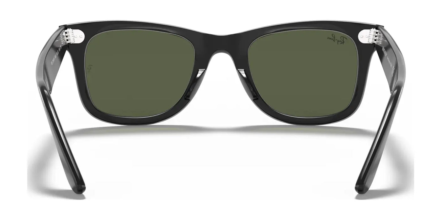 Rear view of chic Ray-Ban WAYFARER RB2140F Sunglasses featuring green-tinted lenses and broad arms, designed to provide UV protection. This model, set against a white background, merges timeless design with contemporary functionality.