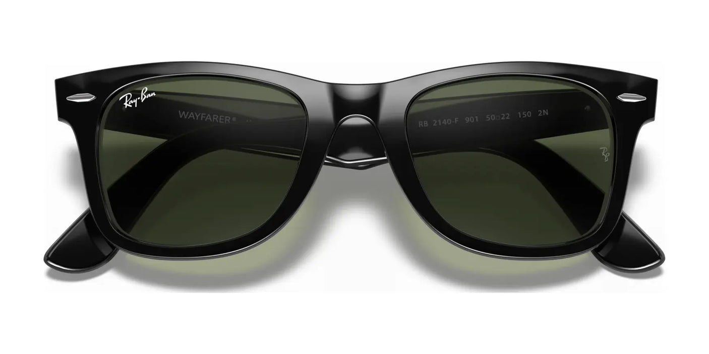 These stylish black Ray-Ban WAYFARER RB2140F sunglasses are equipped with dark green lenses and a robust acetate frame, merging classic design with contemporary resilience.