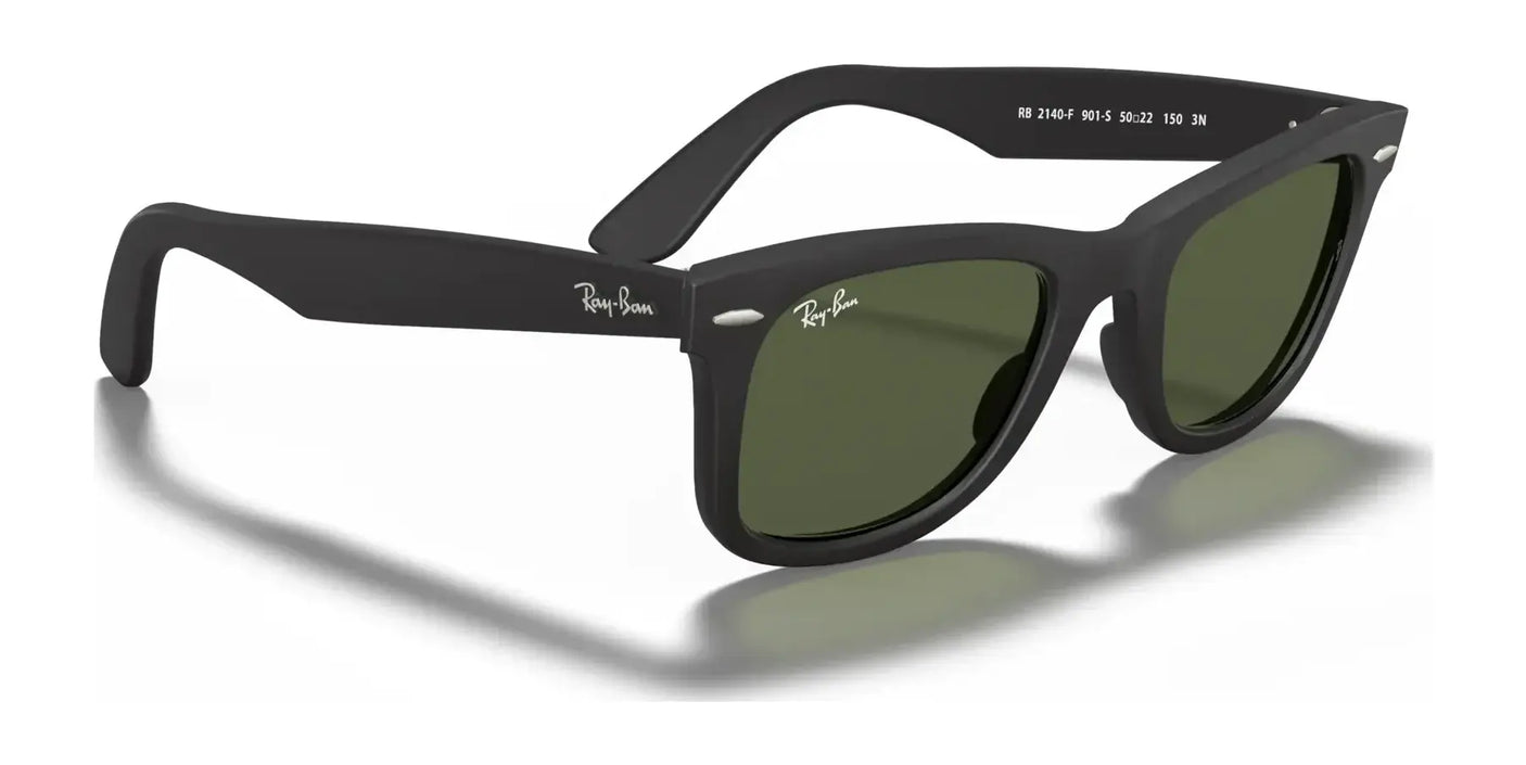 The Ray-Ban WAYFARER RB2140F Sunglasses boast classic black frames paired with green lenses and are highlighted by silver accents on the hinges. These iconic sunglasses from Ray-Ban provide timeless style and vital UV protection, making them perfect for everyday use.